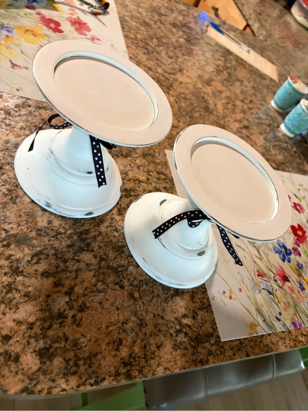 Pottery Barn White Distressed Pedestal Candle Holders (Pair)